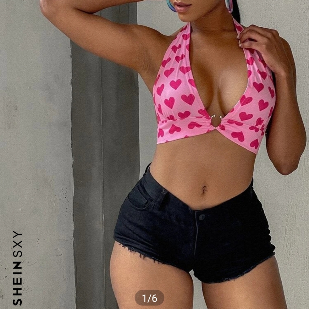 Heart Print Ring Front Plunging Halter Top